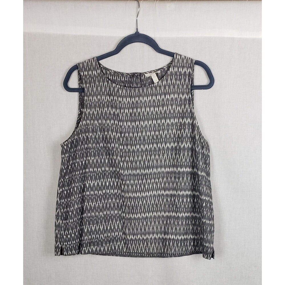 Eileen Fisher Tank Top‎ L  Gray White Sleeveless Ikat 100% Organic Cotton Casual